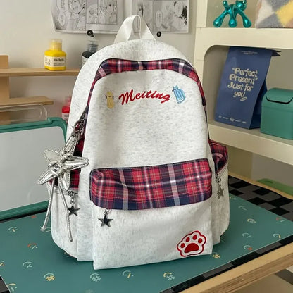 Preppy Style Blue Backpack for Girls, Plaid Spliced School Bag, Cute Nylon Daypack Star Pendant, Large Capacity Student Rucksack