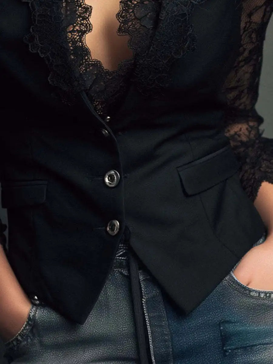 Elegant Sexy V Neck Lace Patchwork Women's Shirt Top See Through Long Sleeve Trendy Hollow out Single Button Slim Tops Blazer