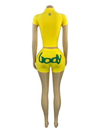 FAGADOER Fashion Letter Print Shorts 2 Piece Suits Casual Zipper Stand Collar Crop Top + Bodycon Shorts Outfits Streetwear Sets