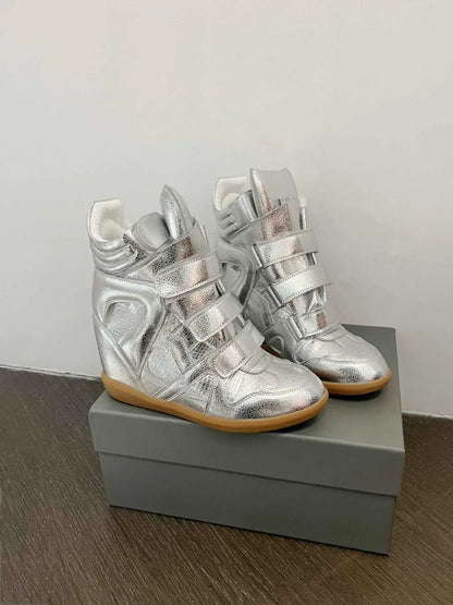 Women's Ankle Boots 2026 New Genuine Leather 8CM Hidden Heel Women Platform Sneakers Fashionable Splice Color Design Women Shoes