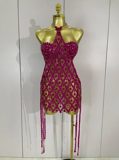 Sexy Sparkly Sequin Diamond Mesh Transparent Two Piece Set Women Celebrate Evening Party Birthday Dress Stage Photo Shoot Wear