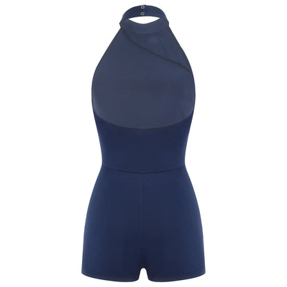 Backless Romper for Women Fashion Rhinestone Party Jumpsuit Halter Mesh Rompers for Casual Beach Bodysuit Lady Short Jumpsuits