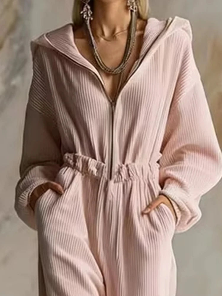Elegant Ribbed Hooded Playsuit Overalls Women Fashion Zipper Hight Waist Long Jumpsuits Casual Long Sleeve Pocket Party Rompers