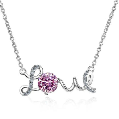 1CT 925Silver Cursive Love Letter Single Stone Pendant Necklace Round Cut D VVS1 Multi Color Moissanite Love Gift Fine Jewelry