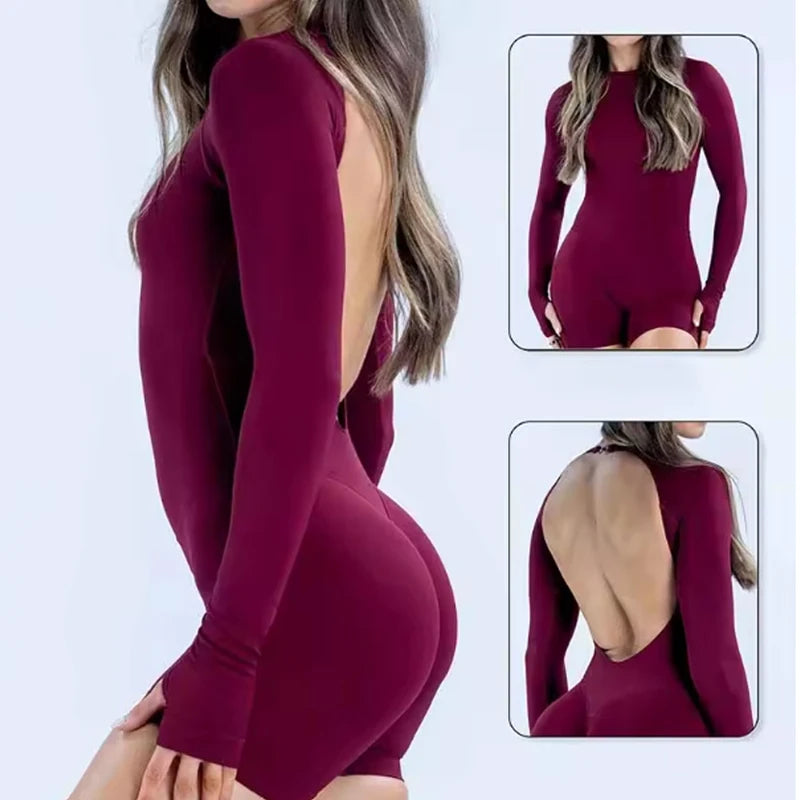 Long Sleeve Backless One Piece Yoga Bodysuit Women Seamless Butt Lift Gym Shorts Romper Quick Dry Fitness Sportswear