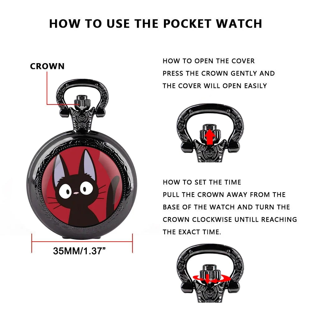 Anime Black Cat Glass Dome Quartz Pocket Watch Arabic Dial Vintage Men Women Necklace Pendant Creative Clock Children Gift