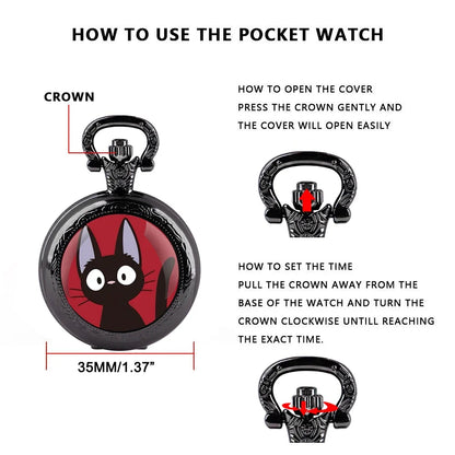 Anime Black Cat Glass Dome Quartz Pocket Watch Arabic Dial Vintage Men Women Necklace Pendant Creative Clock Children Gift