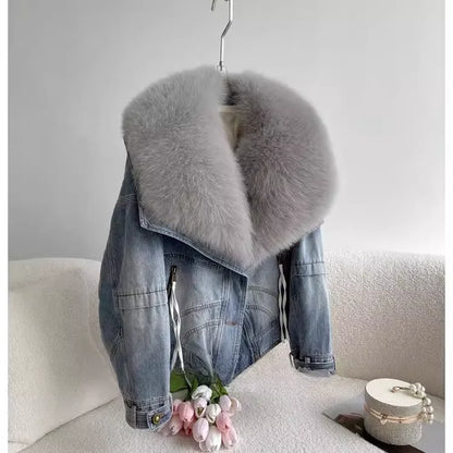 Winter Thickened Short Denim Jacket Fashion  Parkas Jeans Jacket Luxury Fur Coat Removable Fur Collar Cotton Jacket New