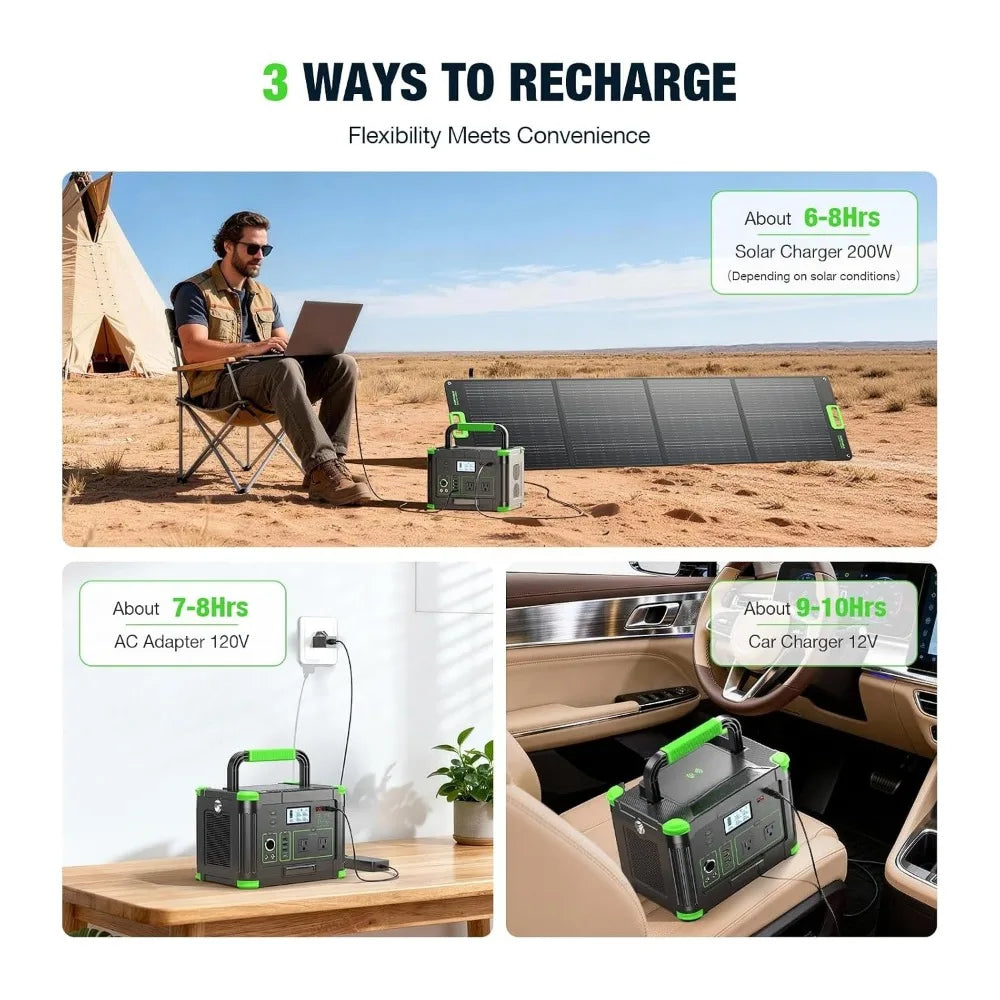 999Wh Lithium Portable Power Station,1000W 60W PD Output,2x100W Solar Panels Matched Generator Set, Custom