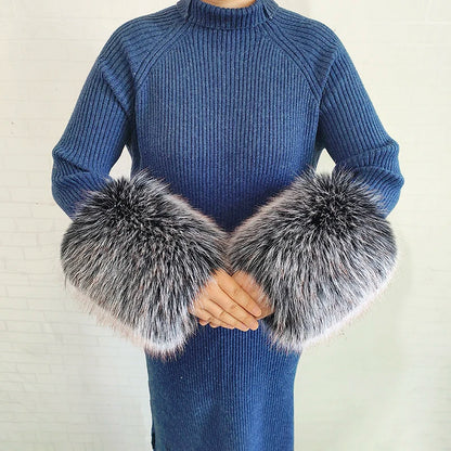 Large Women Faux Fox Fur Scarf Winter Jackets Warm Fluffy Shawl Fashion Artificial Fur Collar And Cuff Set Fluffy Scarves Female