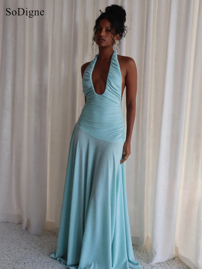 SoDigne Sexy Evening Dresses Pleated Low Cut-out Halter Backless Party Dress Sleeveless A-Line Prom Gowns Summer 2026 Customized