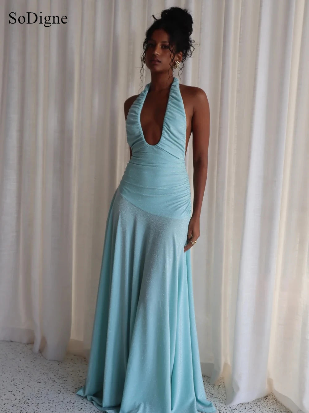 SoDigne Sexy Evening Dresses Pleated Low Cut-out Halter Backless Party Dress Sleeveless A-Line Prom Gowns Summer 2026 Customized