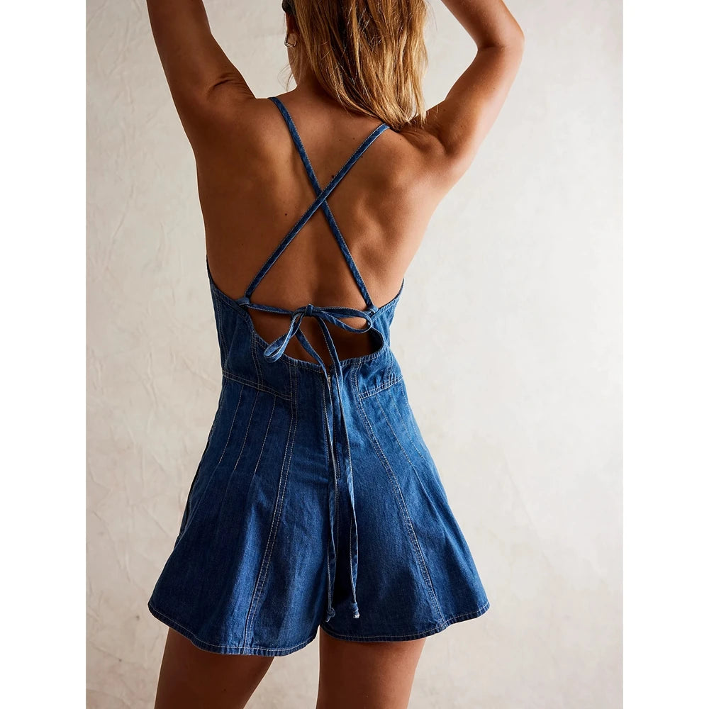 Women Summer Y2K Retro V-Neck Denim Shorts Jumpsuits Cross Bow Tied Zip-up Backless Loose Wide Leg Flare Playsuit Cute Rompers