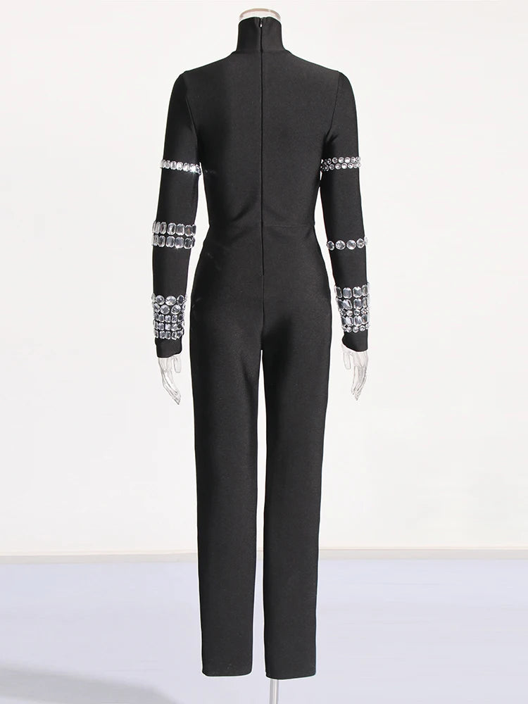 TWOTWINSTYLE Patchwork Diamonds Slimming Jumpsuit For Women Turtleneck Long Sleeve High Waist Chic Jumpsuits Female Fashion New