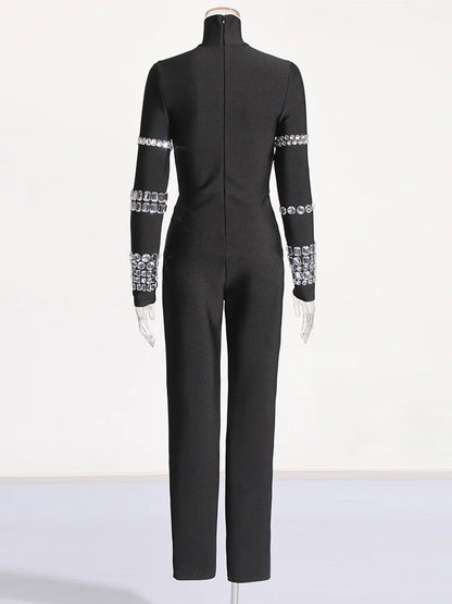 TWOTWINSTYLE Patchwork Diamonds Slimming Jumpsuit For Women Turtleneck Long Sleeve High Waist Chic Jumpsuits Female Fashion New