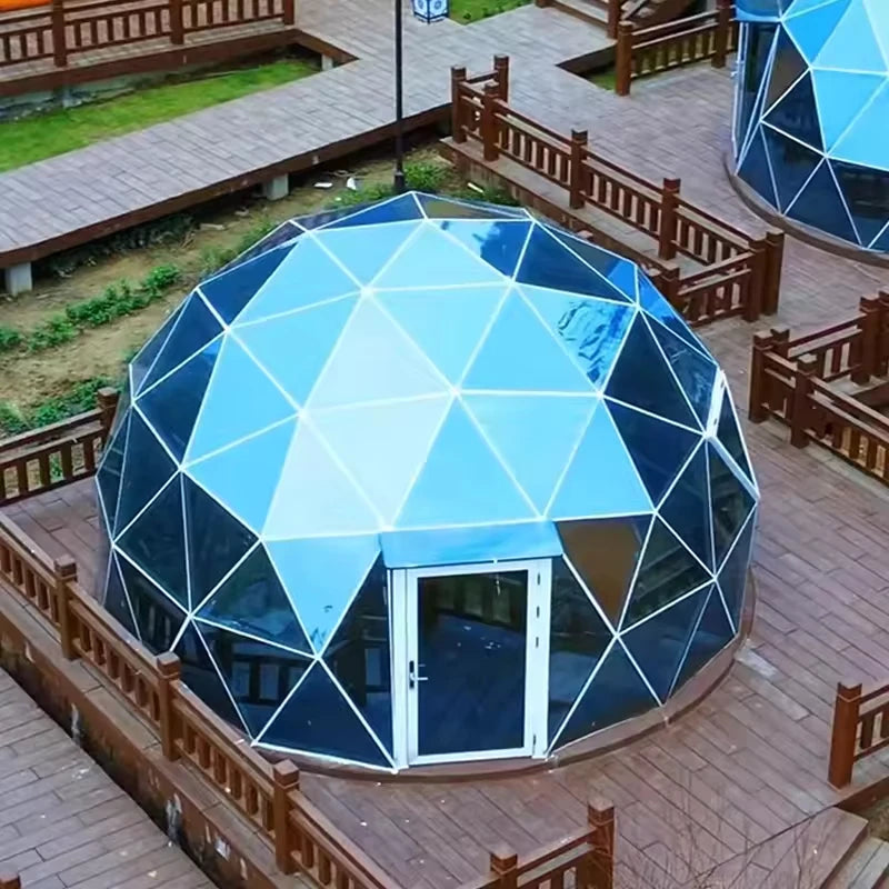 Modern Geodesic Glass Dome Tent with Private Bathroom Four-Season UV-resistant Fireproof for High-End Glamping Resorts