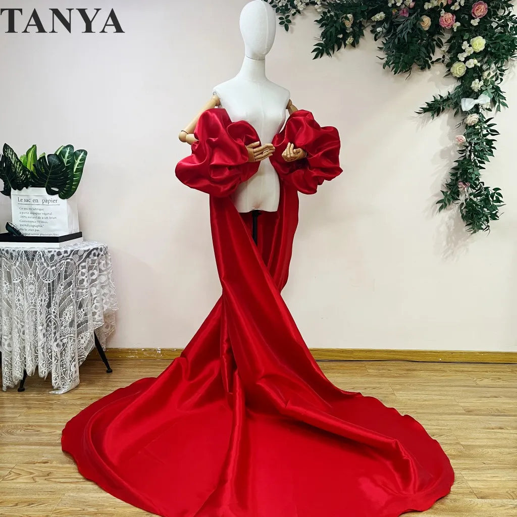 Red  Mikado Satin Long Wedding Cape Puffy Short Sleeves Court Tain Evening Cape Outfit Coat For Women Costume DJ199