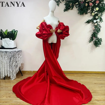 Red  Mikado Satin Long Wedding Cape Puffy Short Sleeves Court Tain Evening Cape Outfit Coat For Women Costume DJ199