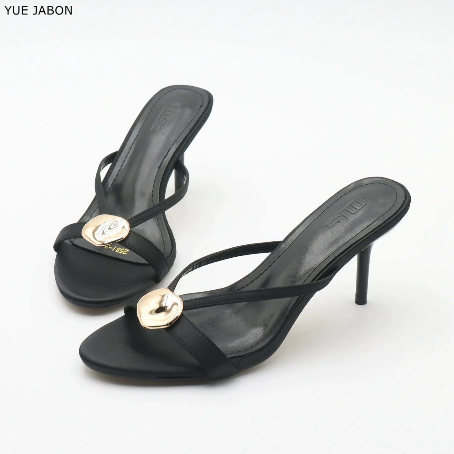 Red Satin Sexy Thin Heel Slippers Women Metal Buckle Open Toe Slides Ladies Concise Black Luxury Brand High Heels Dress Shoes