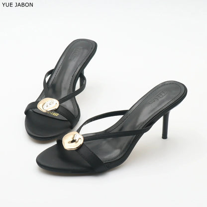 Red Satin Sexy Thin Heel Slippers Women Metal Buckle Open Toe Slides Ladies Concise Black Luxury Brand High Heels Dress Shoes