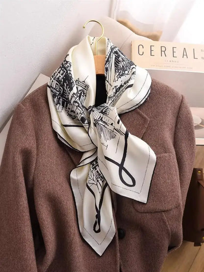 Black White View Print Twill Silk Scarf 90x90cm Women Fashion Square Neck Scarf Satin Kerchief Head Wrap Bandana Bag Decoration