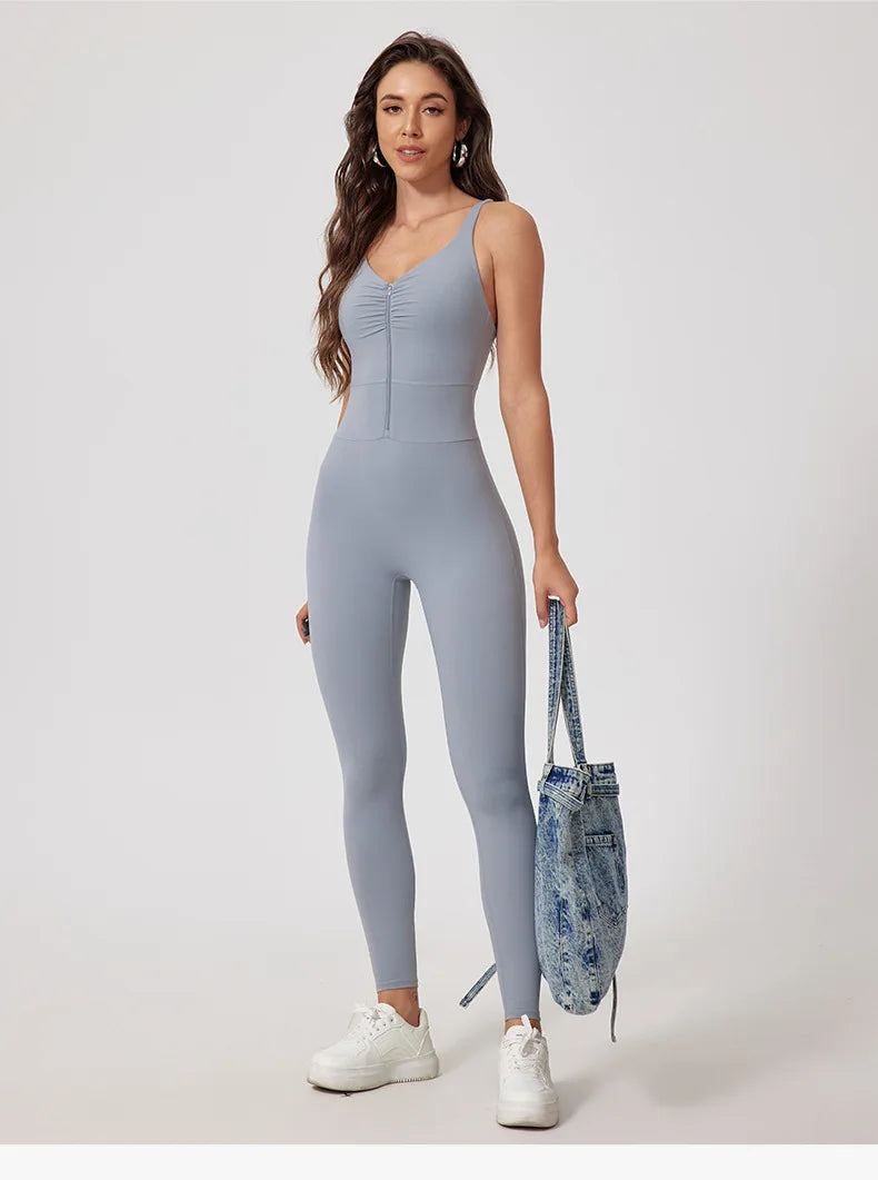 Fashion Folds Zipper Sport Bodycon Jumpsuits Women One Pieces Yoga Outfit Sleeveless Backless Gym Fitness Overalls Sexy Monkeys