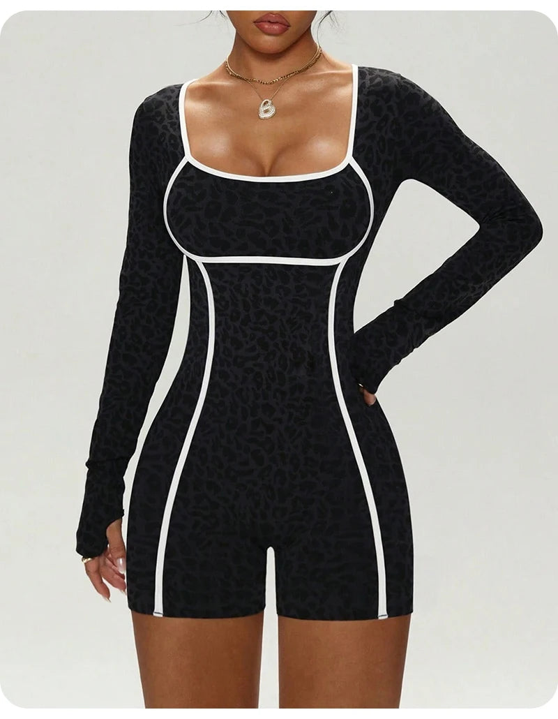 Women's Leopard Print Long Sleeve Yoga Jumpsuit Slim Fit One Piece Workout Romper Shorts Athletic Fitness Bodysuit