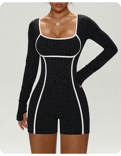 Women's Leopard Print Long Sleeve Yoga Jumpsuit Slim Fit One Piece Workout Romper Shorts Athletic Fitness Bodysuit