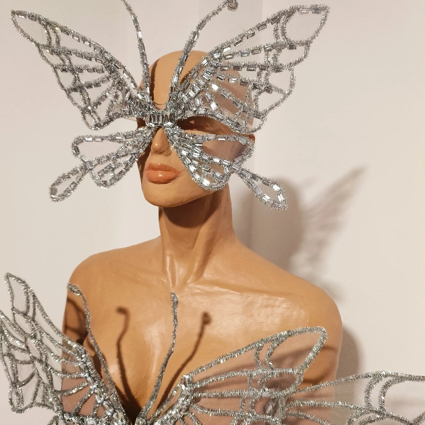 Sexy Shiny Silver Crystal Jumpsuit Transparent Mesh 3D Butterfly Rhinestone Wings Jumpsuit Birthday Party Performance Costume
