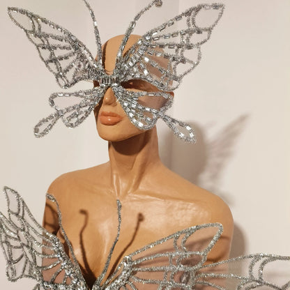 Sexy Shiny Silver Crystal Jumpsuit Transparent Mesh 3D Butterfly Rhinestone Wings Jumpsuit Birthday Party Performance Costume