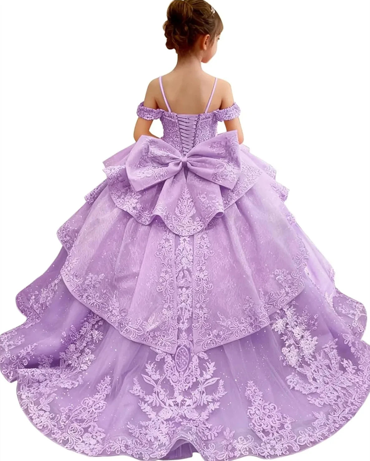 Customized Pink Flower Girl Dress For Wedding Bowknot Appliques Short  Sleeve Floor Length Kids Birthday First Communion Gown