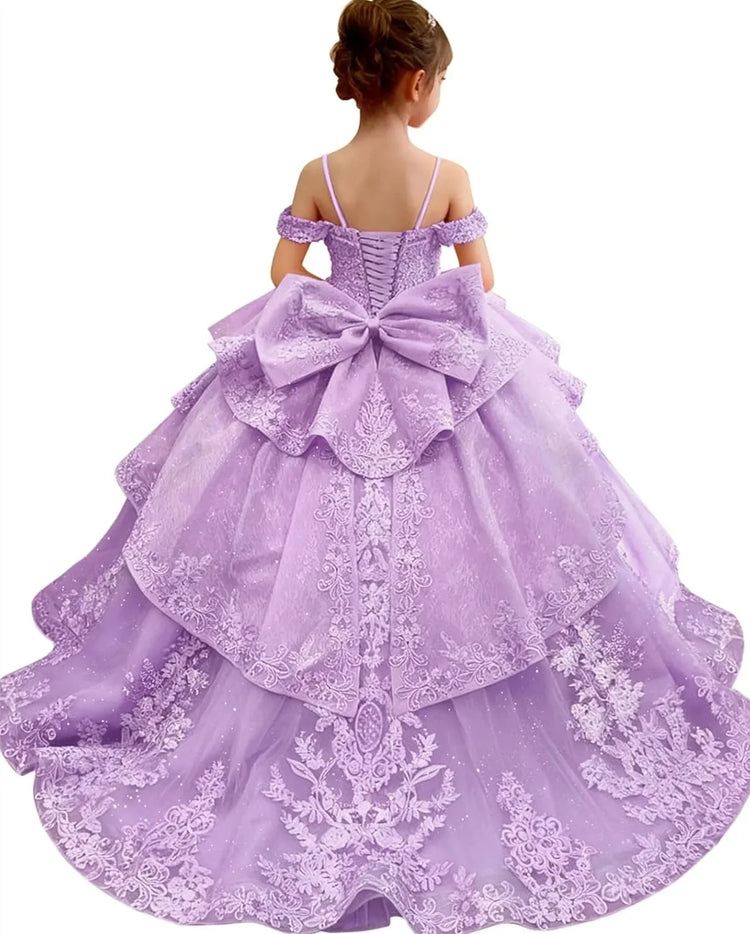 Customized Pink Flower Girl Dress For Wedding Bowknot Appliques Short  Sleeve Floor Length Kids Birthday First Communion Gown