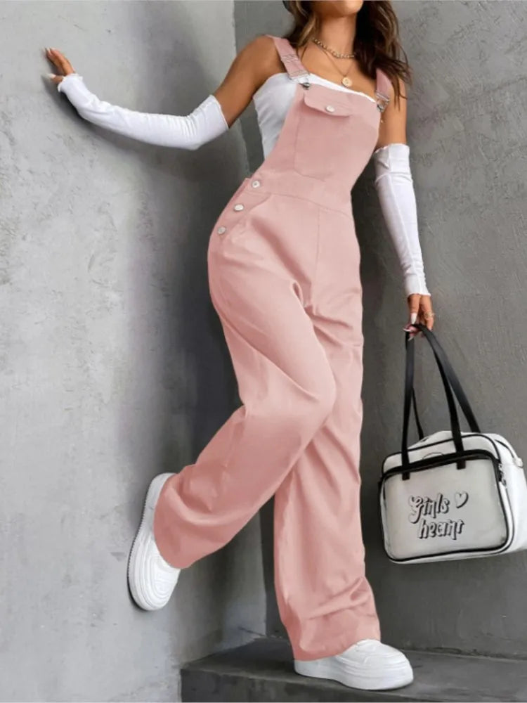 Women's Casual Bib Overalls Adjustable Shoulder Strap Pocket Wide Leg Jumpsuit Loose Straight Women Streetwear Suspender Pants