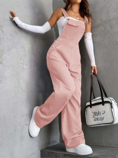 Women's Casual Bib Overalls Adjustable Shoulder Strap Pocket Wide Leg Jumpsuit Loose Straight Women Streetwear Suspender Pants