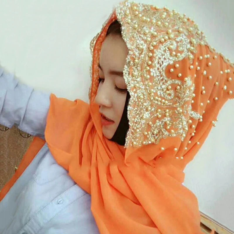 Chiffon Hijab Scarf Muslim Islamic Hijabs Scarves for Woman Long Headwraps with Bead Head Scarf Shawl Wrap Prayer Turbante