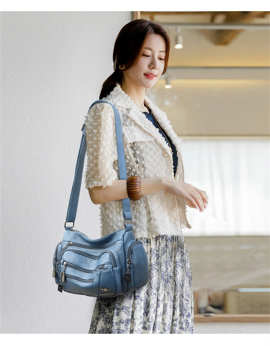 Many Pockets Women Leather Top-handle Bag Luxury Designer Female Shoulder Messenger Shopper Bags Brand Ladies Crossbody Handbags