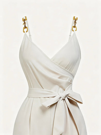 Spring/Summer New Women's Strap Jumpsuit French Style Elegant Academy Style Ins Classic Versatile V-Neck Decorative Buttons Bow Tie Straps Ruched Adjustable Shoulder Straps Camisole Top Wide-Leg Pants Women's Jumpsuit