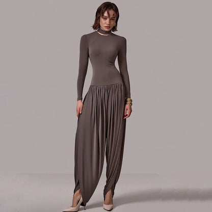 TWOTWINSTYLE Sexy Hot Girl Solid Color Jumpsuits for Women Round Neck Long Sleeve Backless Side Split Streetwear Jumpsuit Female
