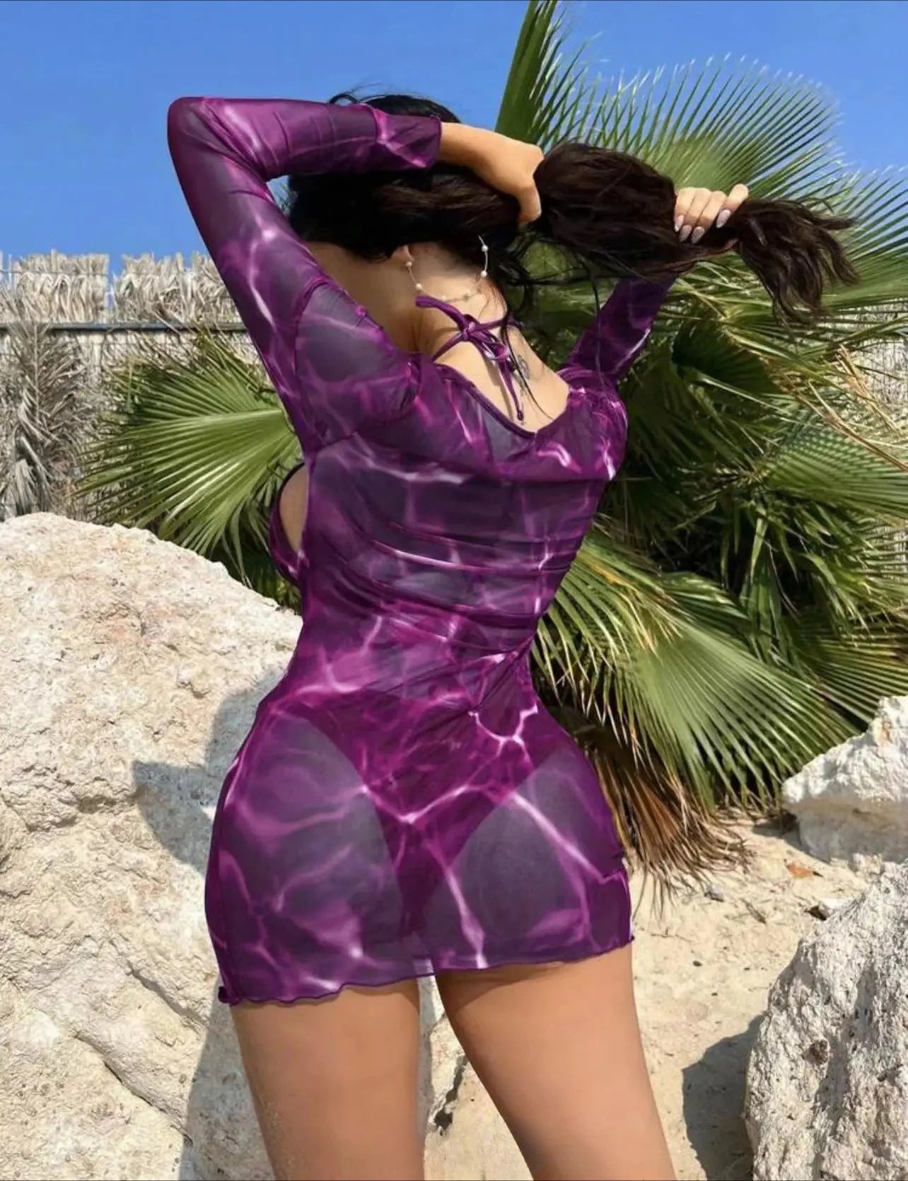 3 Piece Bikini Set Women Swimsuit Halter Cutout Metal Ring Mesh Cover Up Beach Dress Swimwear Bathing Suit