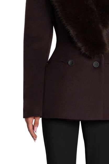 Women Winter Wool Coat Dark Brown Faux Fur Collar Slim Fit 2026 New Elegant Old Money Luxury Streetwear Outerwear
