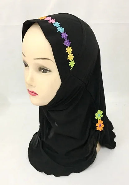 Girls Kids Muslim Beautiful Hijab Islamic Arab Scarf Shawls Flower Pattern