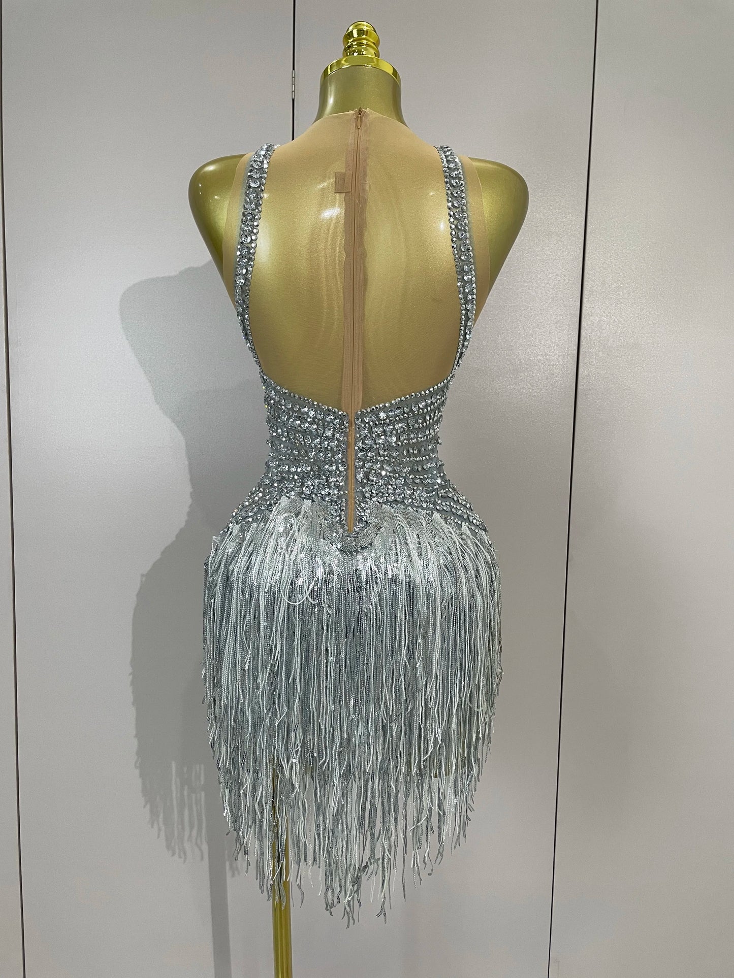 Luxury Sparkly Silver Diamonds Tassel Mesh Sheer Bodysuits Eveing Birthday Party Latin Dancer Bar Nightclub Sexy Stage Costume