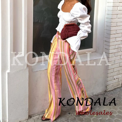 KONDALA Chic Striped Y2K Fashion 2026 Summer Long Pants Zipper Wide Leg Pockets Trousers Straight Female Casual Elegant Pants