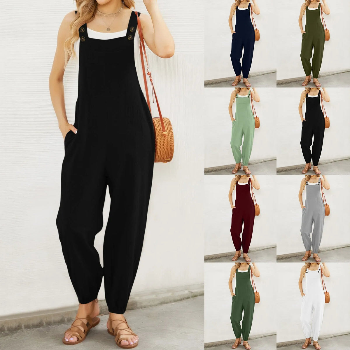 Women'S Sleeveless Overalls Jumpsuit Casual Solid Color Summer Wide Leg Bib Pants Bottons Jumpsuits Rompers With Pockets