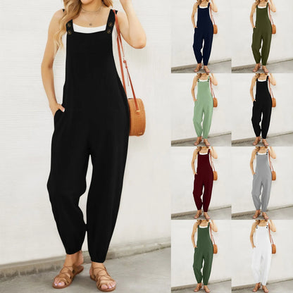 Women'S Sleeveless Overalls Jumpsuit Casual Solid Color Summer Wide Leg Bib Pants Bottons Jumpsuits Rompers With Pockets