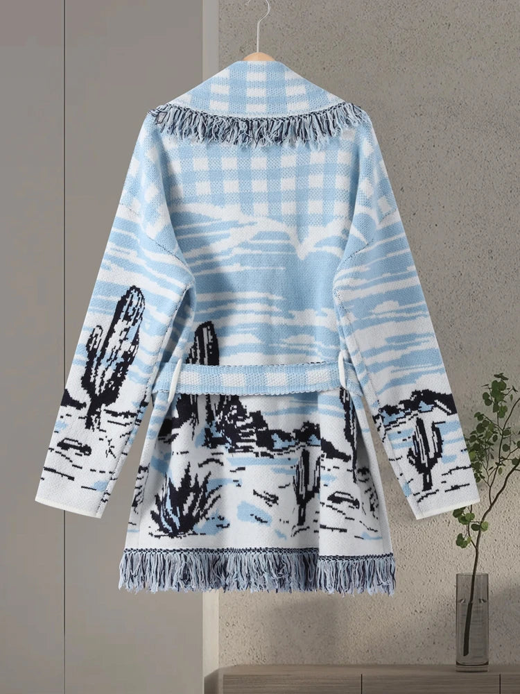 Casual Print Knit Cardigan Women V Neck Long Sleeves Tassels Belts Loose Sweater Female 2026 Autumn Winter Chic Warm Knitwears