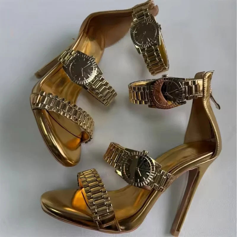 Womens Silver Watch Embellished Strap Sandals Sexy Stilettos Heel Sandals Open Toe Ladies Chain Detail Gladiator Sandals 35-44