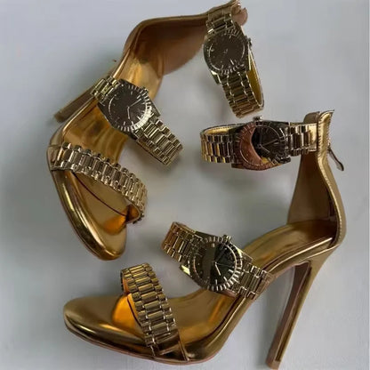 Womens Silver Watch Embellished Strap Sandals Sexy Stilettos Heel Sandals Open Toe Ladies Chain Detail Gladiator Sandals 35-44