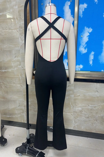 Women's Cleanfit Sleeveless Slim Fit Jumpsuit Lace Trim Patchwork Ruched V-Neck Back Cross Flare Long Pants Rompers