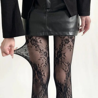 Korean INS Hollowed Lace Mesh Stockings Women Pantyhose Hot Tights Japanese Lolita Retro Floral Rattan Black White Long Socks